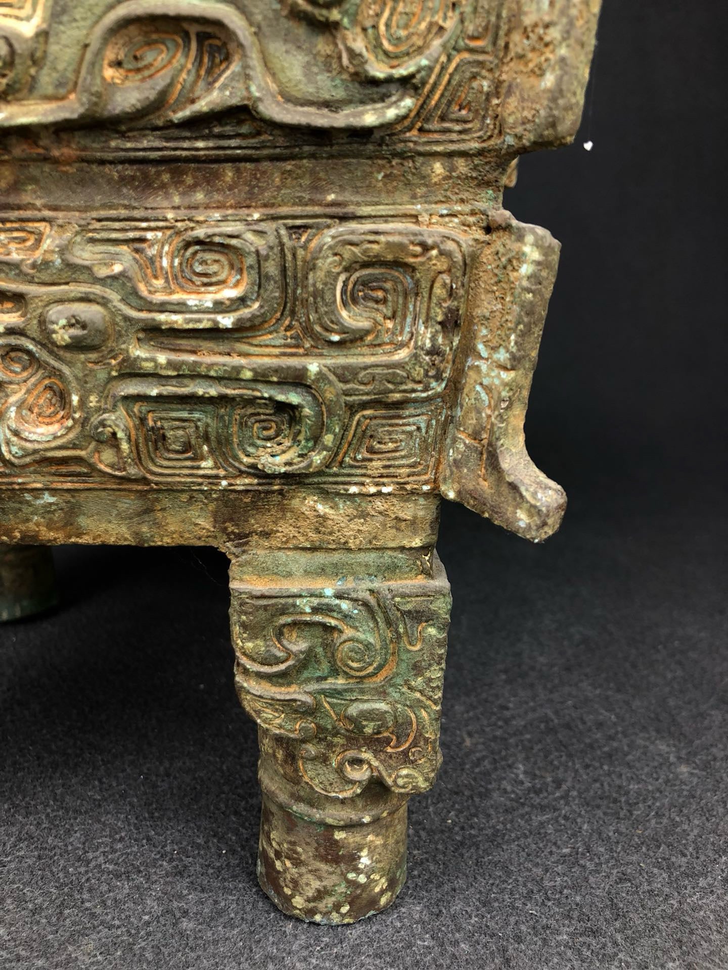 Chinese antique bronze animal faced square cauldron