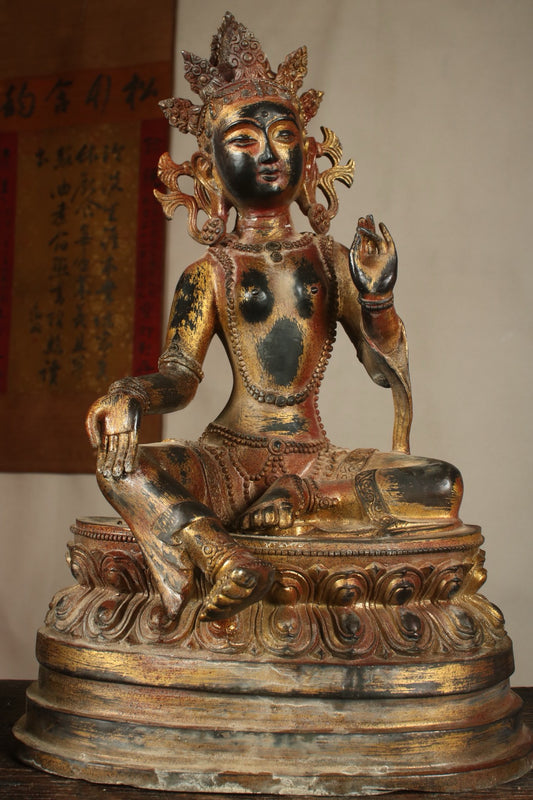 A Chinese antique bronze gilded handmade green tara statue