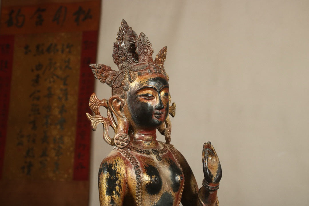 A Chinese antique bronze gilded handmade green tara statue