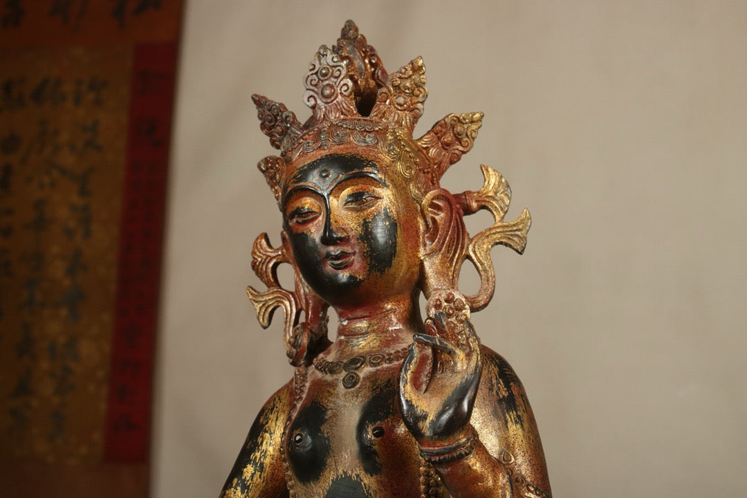 A Chinese antique bronze gilded handmade green tara statue