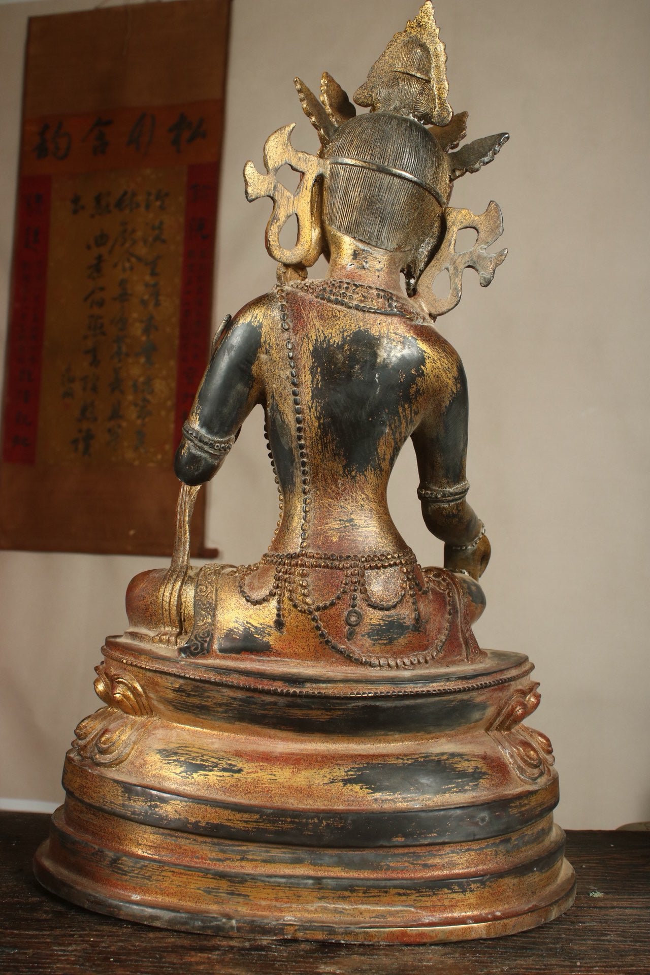 A Chinese antique bronze gilded handmade green tara statue