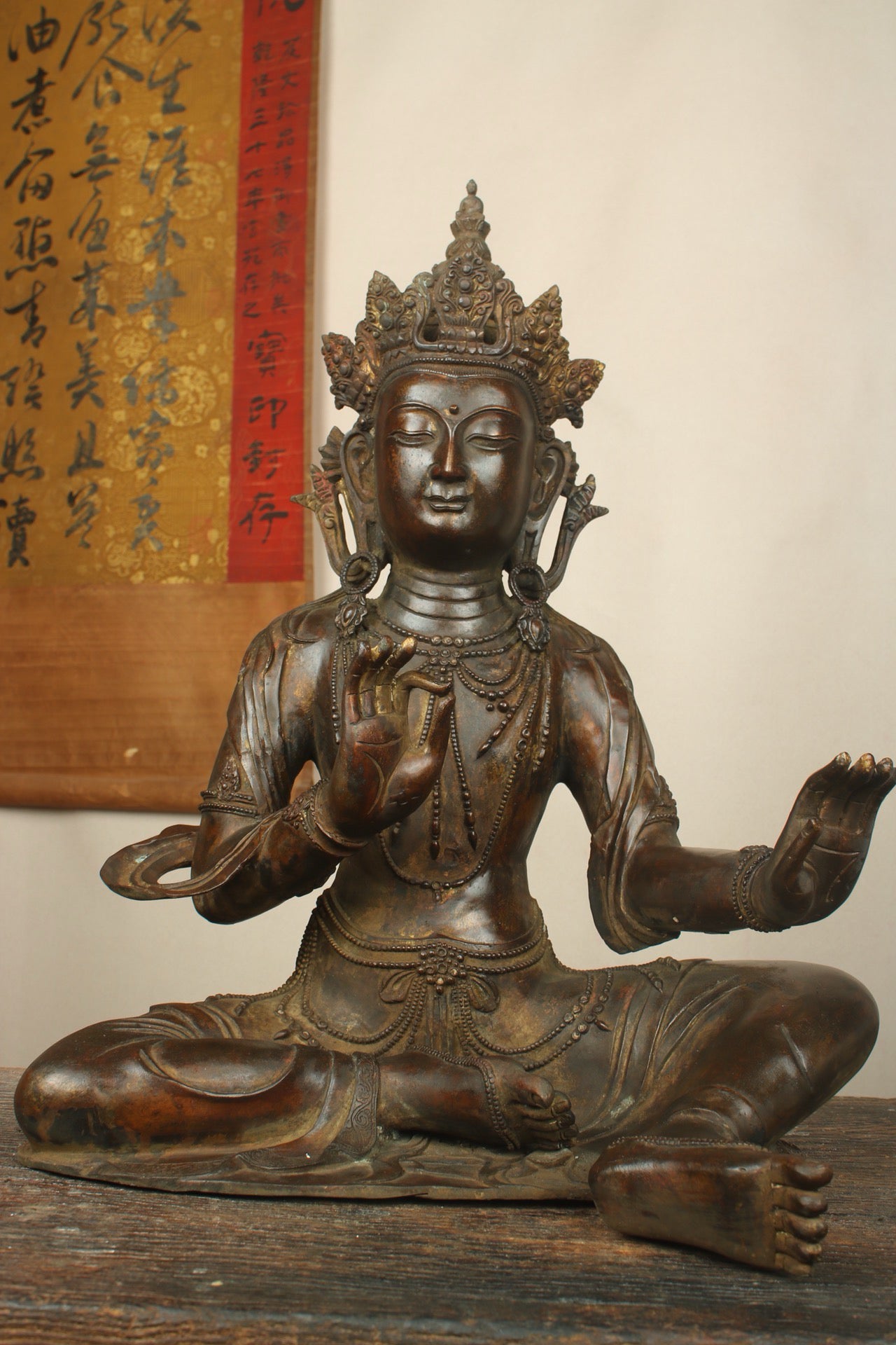 Chinese antique bronze gilded handmade statue of a cross legged Bodhisattva