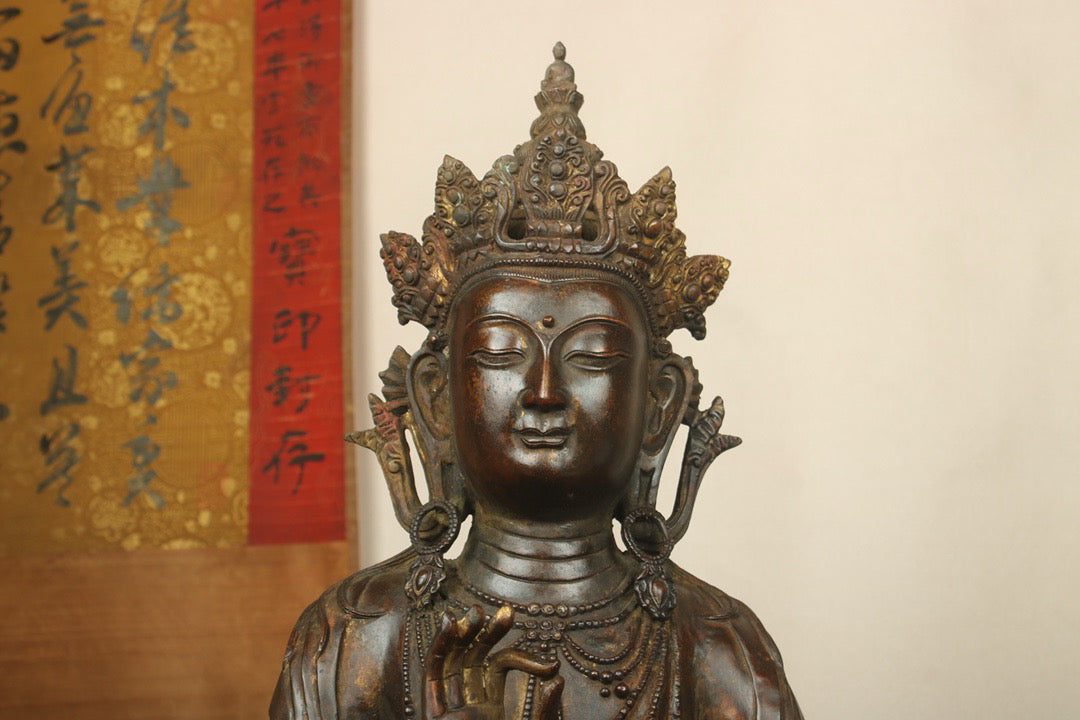 Chinese antique bronze gilded handmade statue of a cross legged Bodhisattva