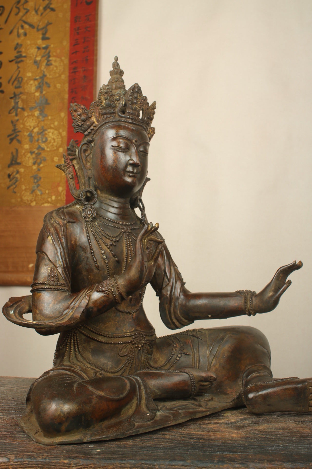 Chinese antique bronze gilded handmade statue of a cross legged Bodhisattva