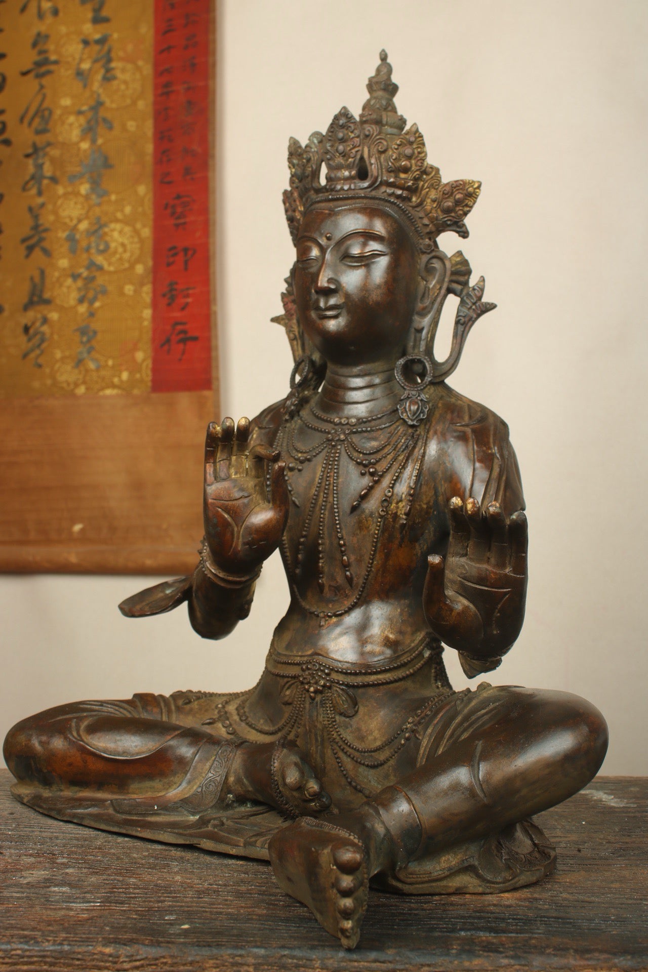 Chinese antique bronze gilded handmade statue of a cross legged Bodhisattva