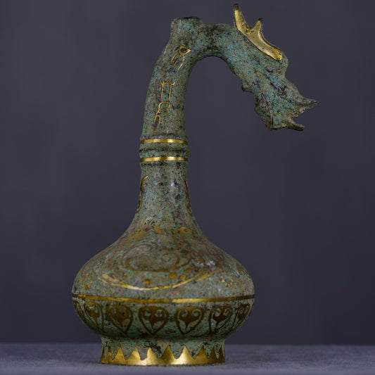 Chinese antique bronze inlaid gold dragon head vase