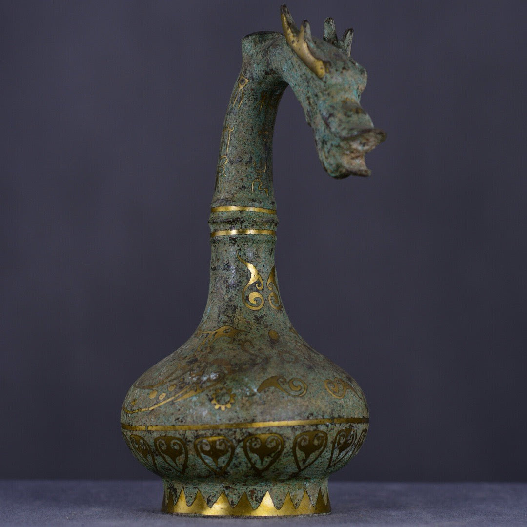 Chinese antique bronze inlaid gold dragon head vase