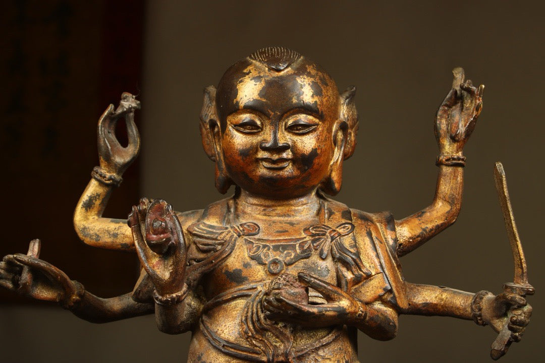 Chinese antique bronze gilded handmade statue of Nezha