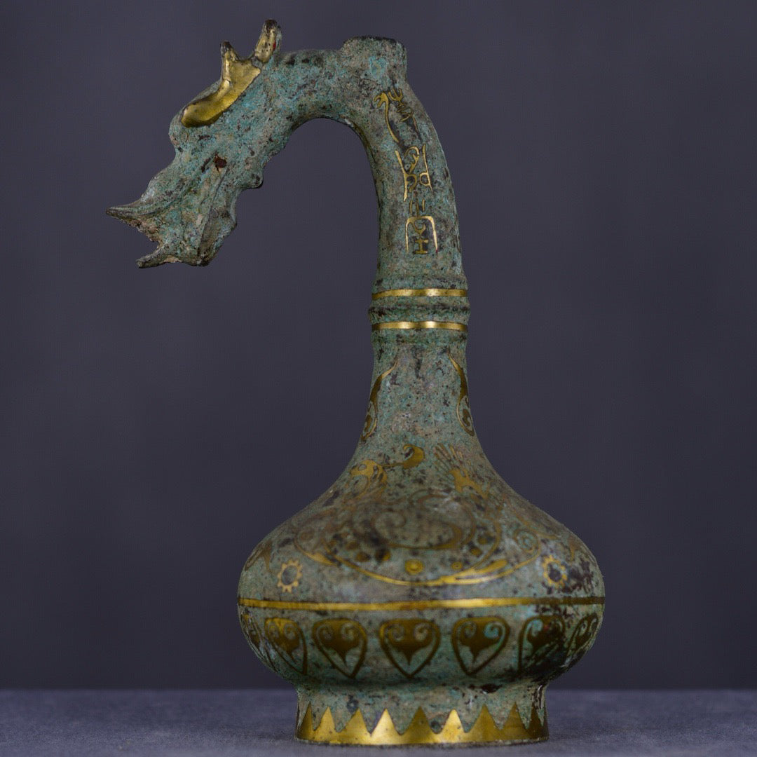 Chinese antique bronze inlaid gold dragon head vase