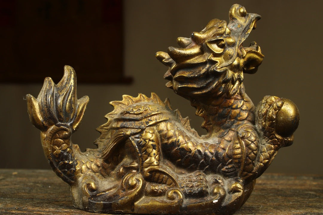 Chinese antique copper gilded handmade creation of a precious dragon