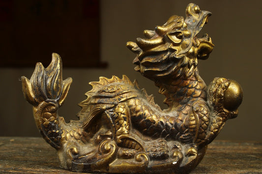 Chinese antique copper gilded handmade creation of a precious dragon