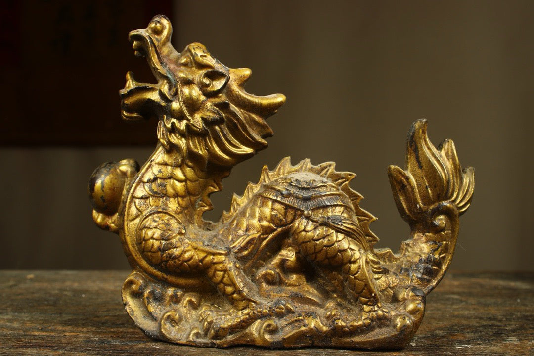Chinese antique copper gilded handmade creation of a precious dragon