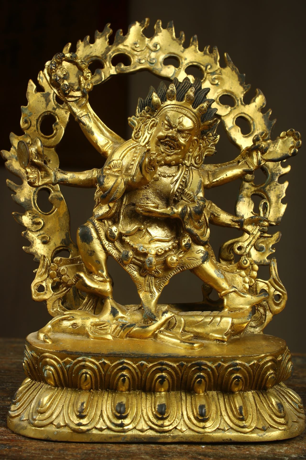 Chinese antique copper gilded handcrafted six armed Mahagala