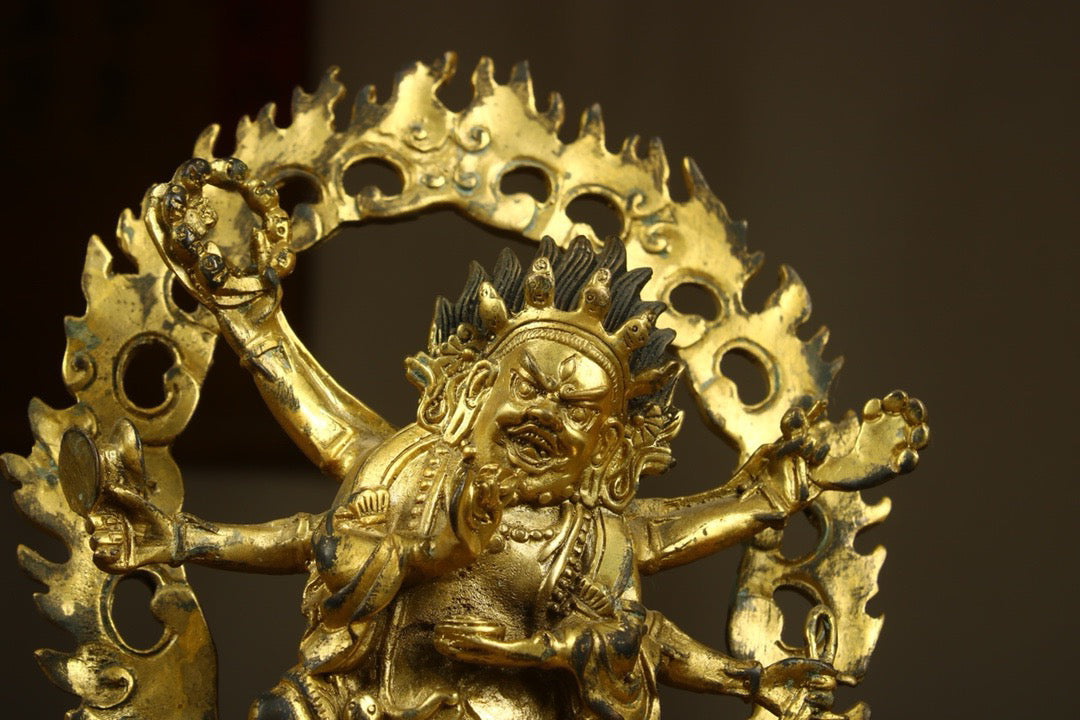 Chinese antique copper gilded handcrafted six armed Mahagala