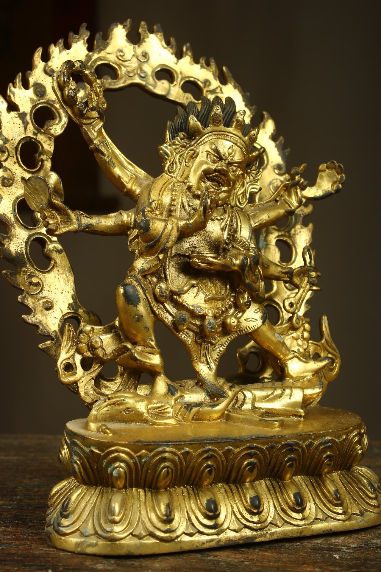 Chinese antique copper gilded handcrafted six armed Mahagala