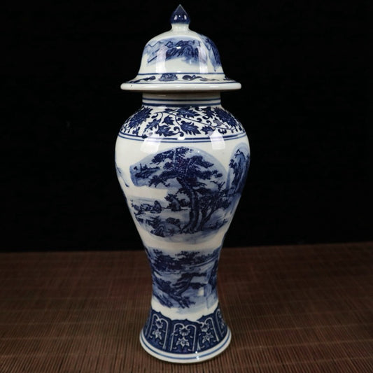 Blue and white landscape pattern general jar