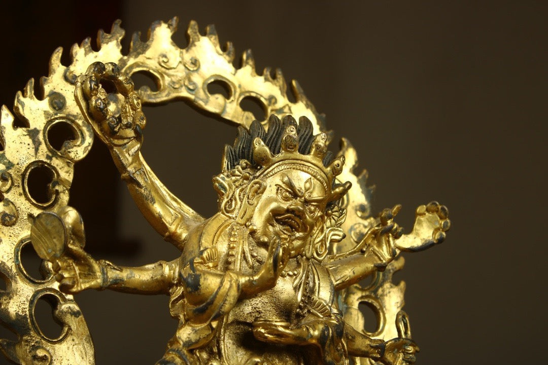 Chinese antique copper gilded handcrafted six armed Mahagala