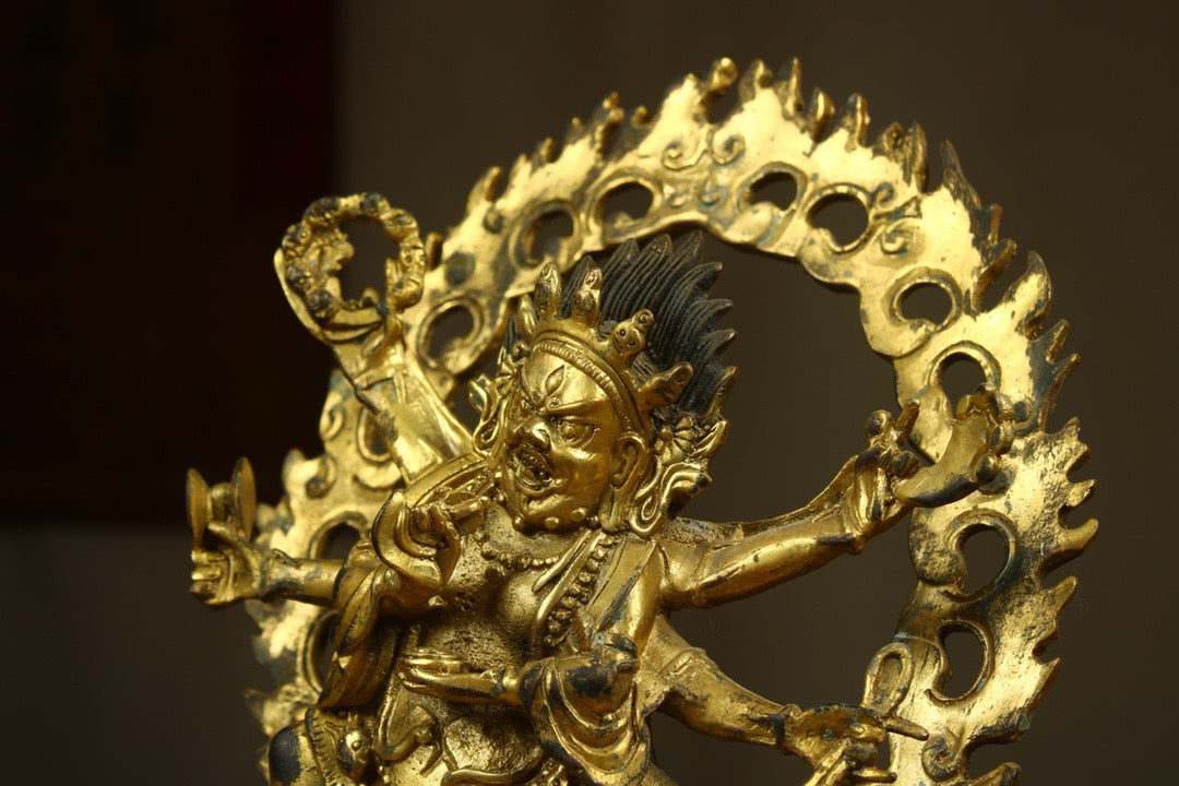 Chinese antique copper gilded handcrafted six armed Mahagala