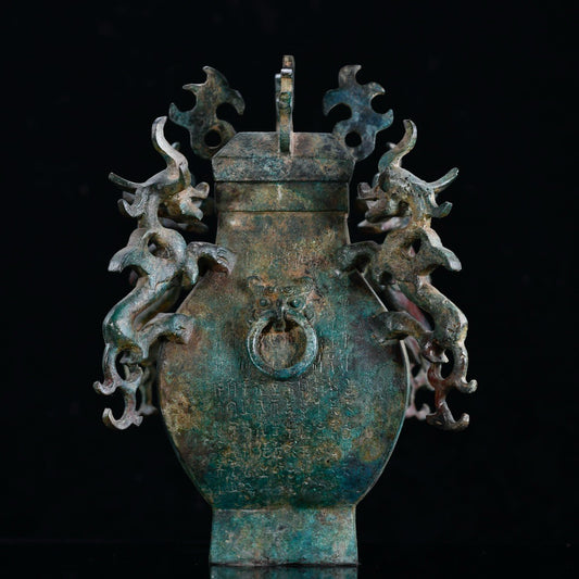 Chinese antique bronze four dragon square teapot