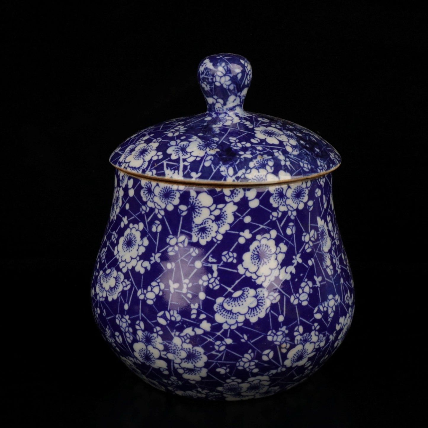 Blue and white ice plum patterned large belly lid jar