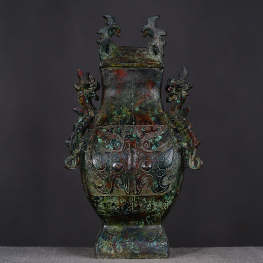 Chinese antique bronze four dragon square teapot