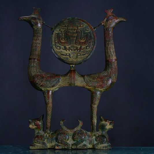 Chinese antique bronze twin phoenix drum stand