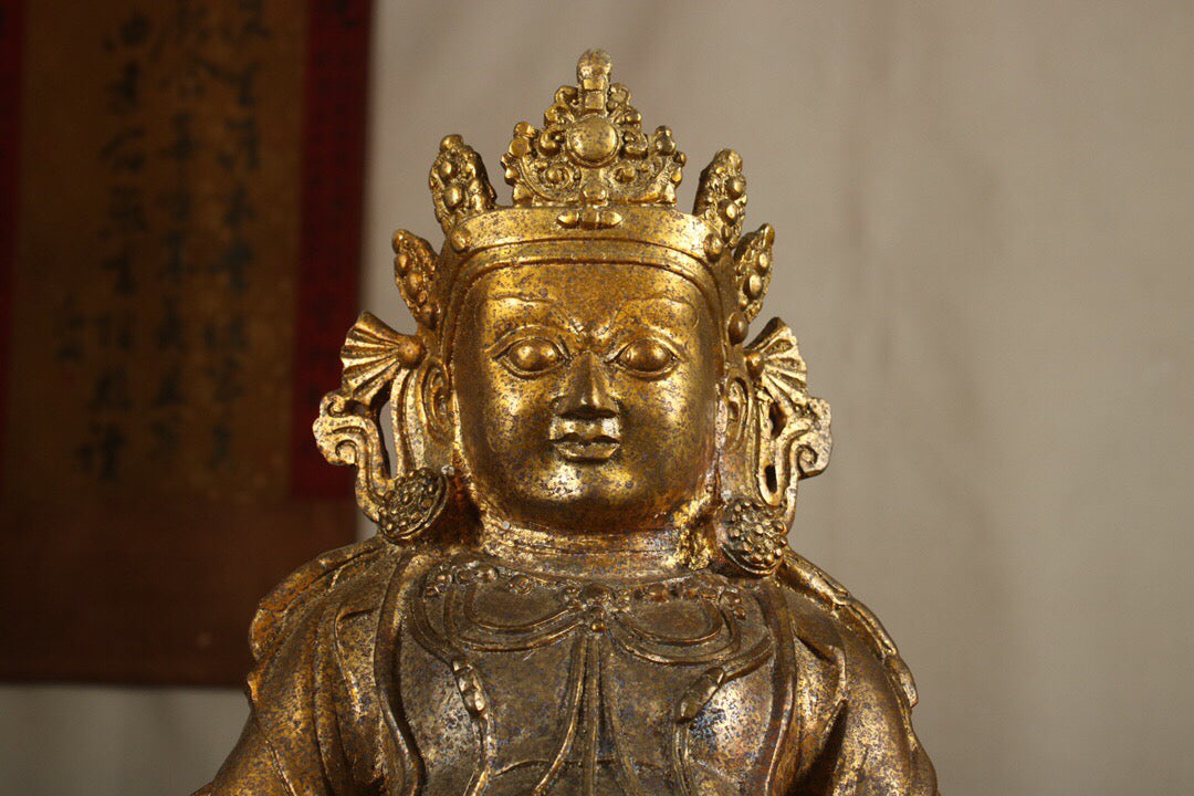Chinese antique pure copper yellow statue of the God of Wealth Buddha