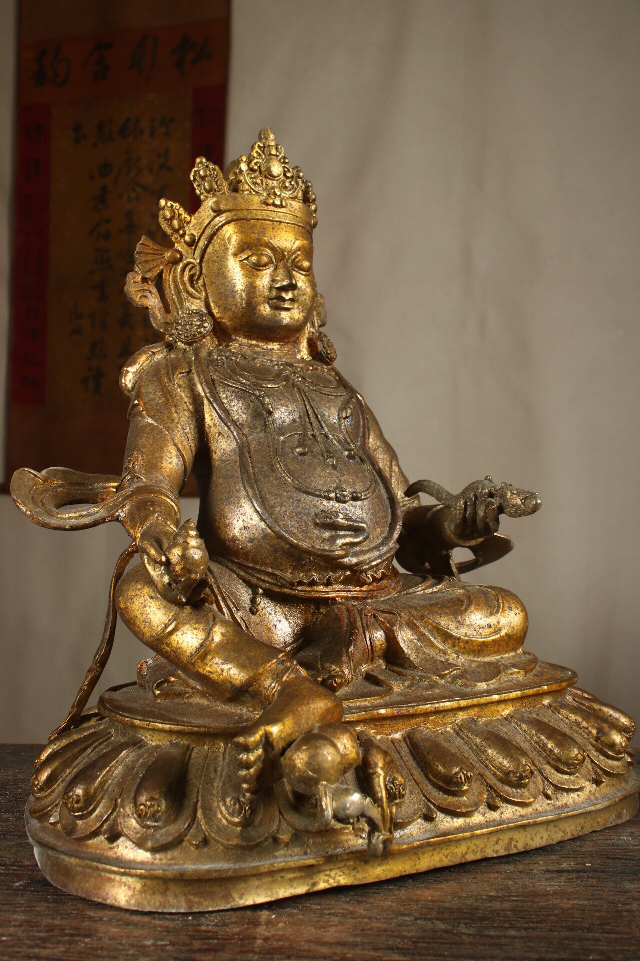 Chinese antique pure copper yellow statue of the God of Wealth Buddha