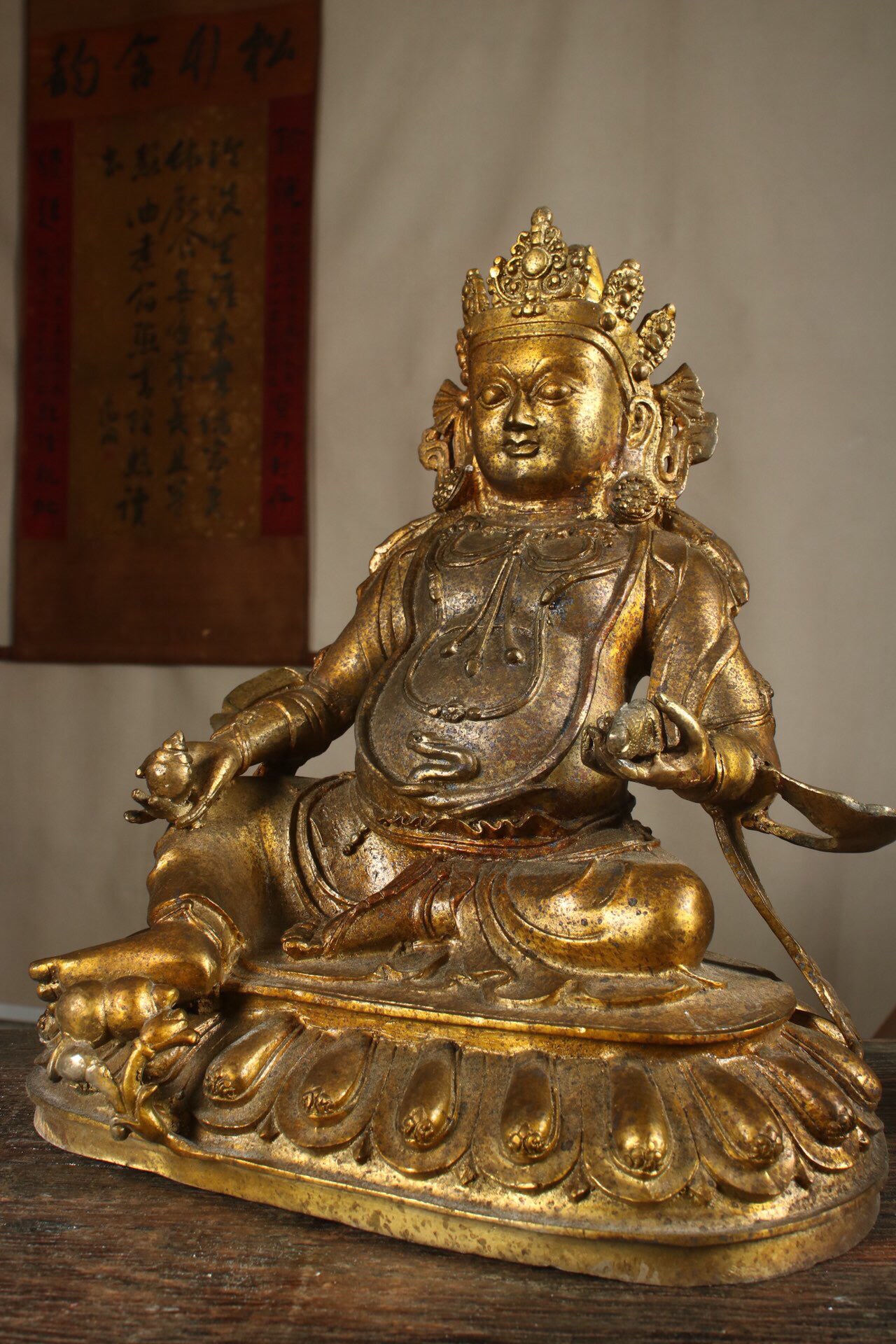 Chinese antique pure copper yellow statue of the God of Wealth Buddha