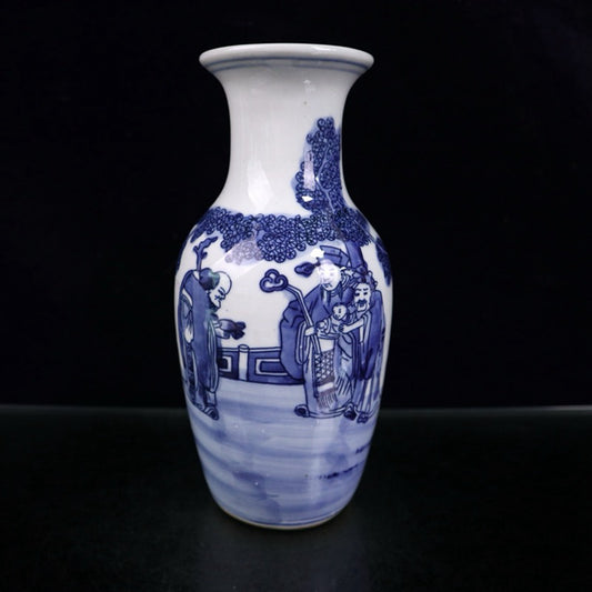 Blue and white three star figure patterned vase