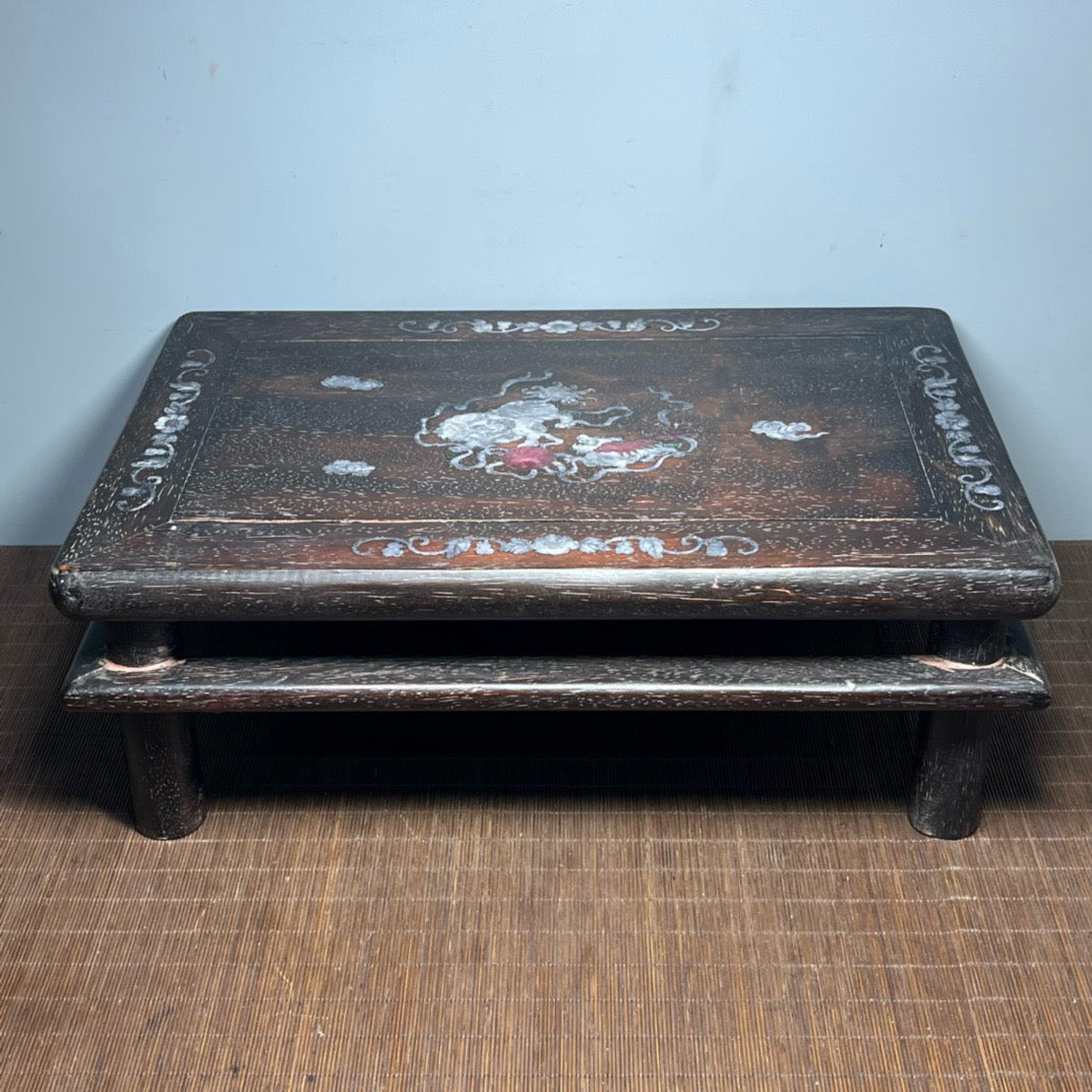 Chinese antique blood sandalwood inlaid with shell carved small kang table base