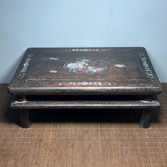 Chinese antique blood sandalwood inlaid with shell carved small kang table base