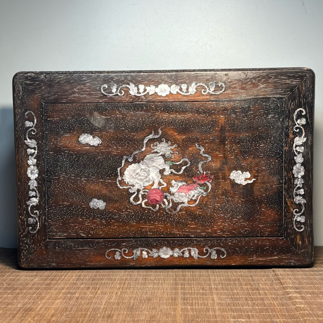 Chinese antique blood sandalwood inlaid with shell carved small kang table base