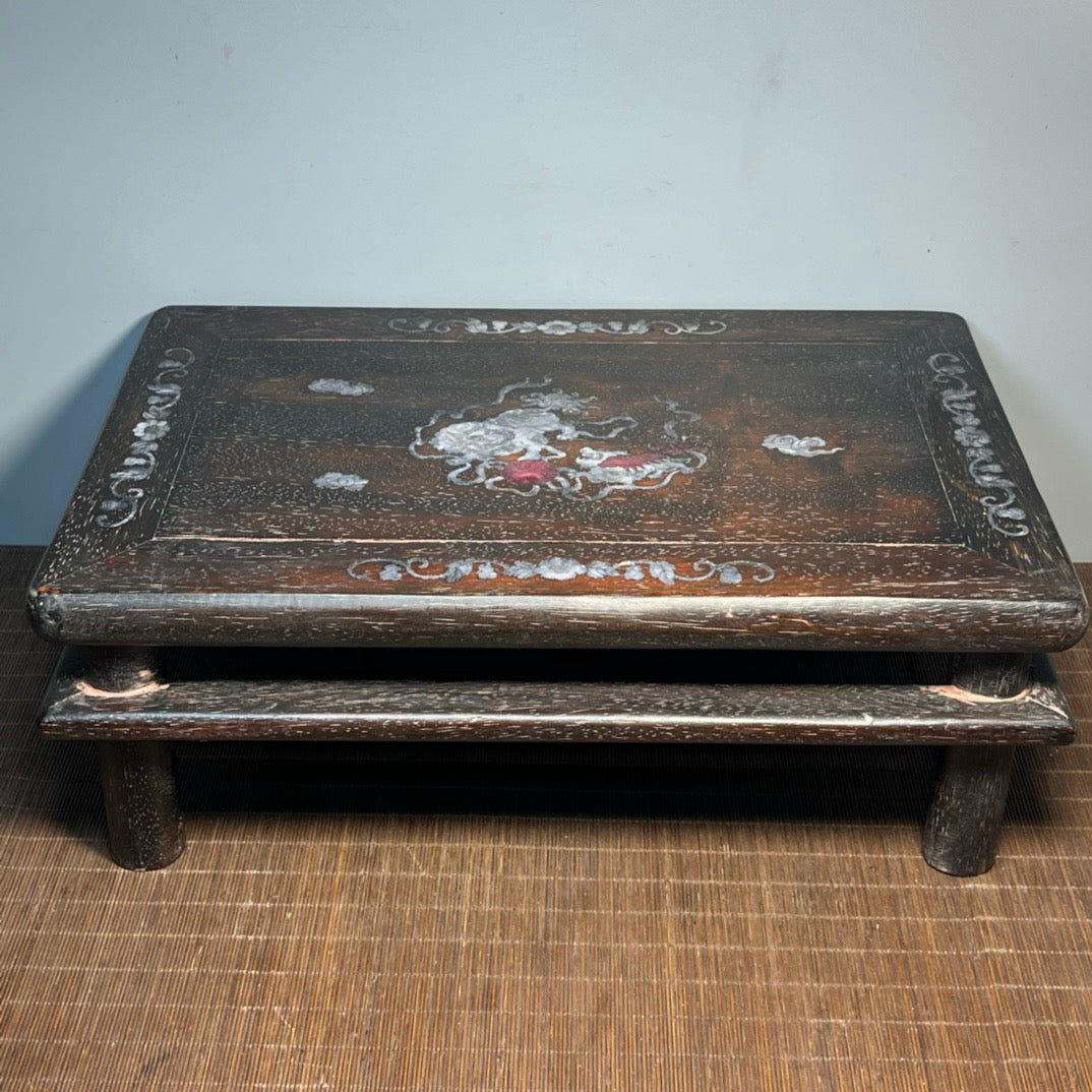 Chinese antique blood sandalwood inlaid with shell carved small kang table base