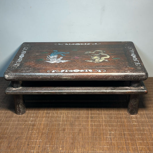 Chinese antique blood sandalwood inlaid with shell carved small kang table base