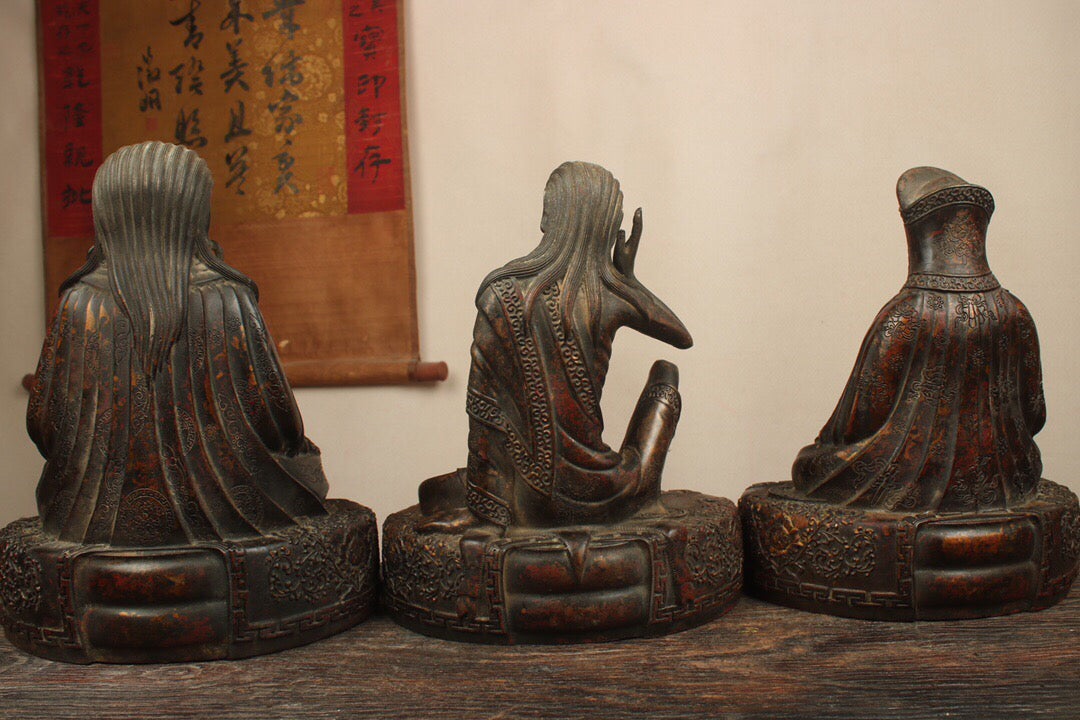 A set of Chinese antique pure copper statues of the Three Sages of the Kagyu sect