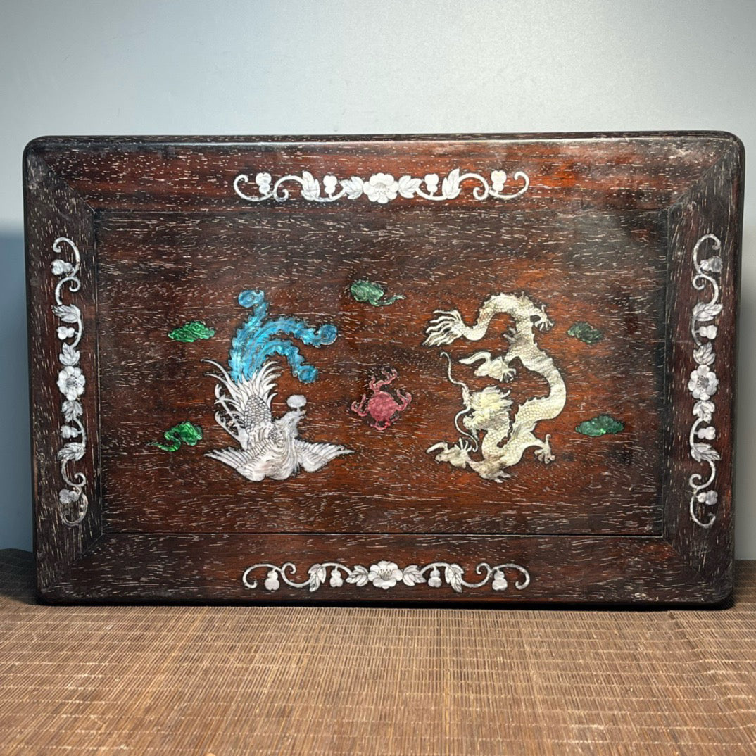 Chinese antique blood sandalwood inlaid with shell carved small kang table base