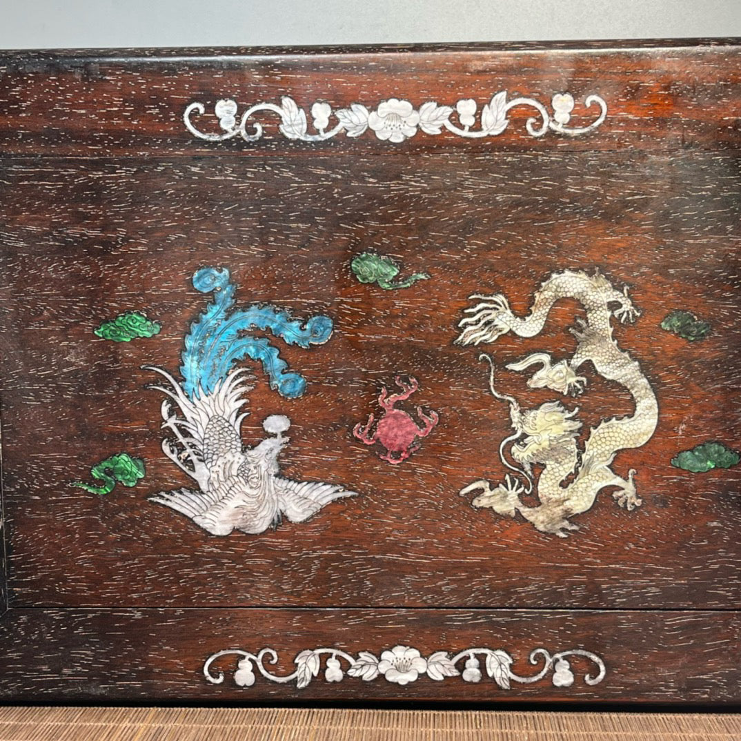 Chinese antique blood sandalwood inlaid with shell carved small kang table base