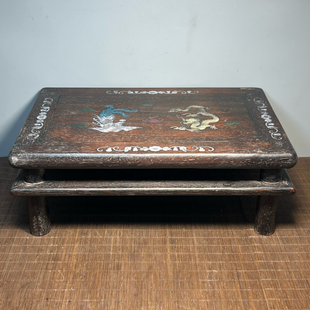 Chinese antique blood sandalwood inlaid with shell carved small kang table base
