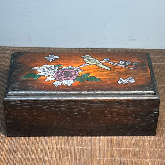 Chinese antique blood sandalwood inlaid with seashells carved with autumn chrysanthemums competing for beauty mechanism box