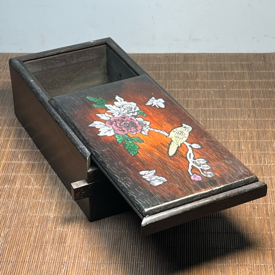 Chinese antique blood sandalwood inlaid with seashells carved with autumn chrysanthemums competing for beauty mechanism box