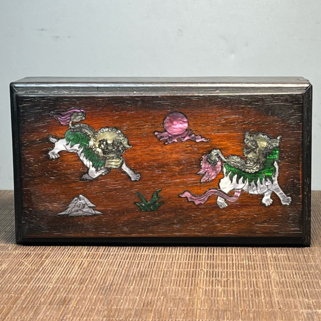 Chinese antique blood sandalwood inlaid with seashells, carved with auspicious plans, mechanism box