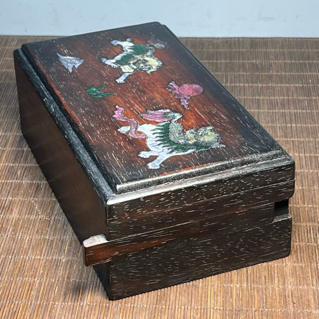 Chinese antique blood sandalwood inlaid with seashells, carved with auspicious plans, mechanism box