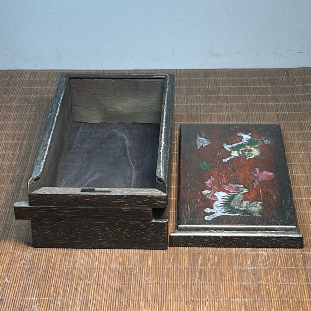 Chinese antique blood sandalwood inlaid with seashells, carved with auspicious plans, mechanism box