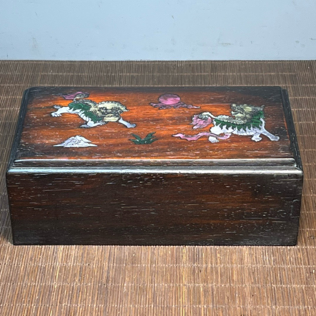 Chinese antique blood sandalwood inlaid with seashells, carved with auspicious plans, mechanism box