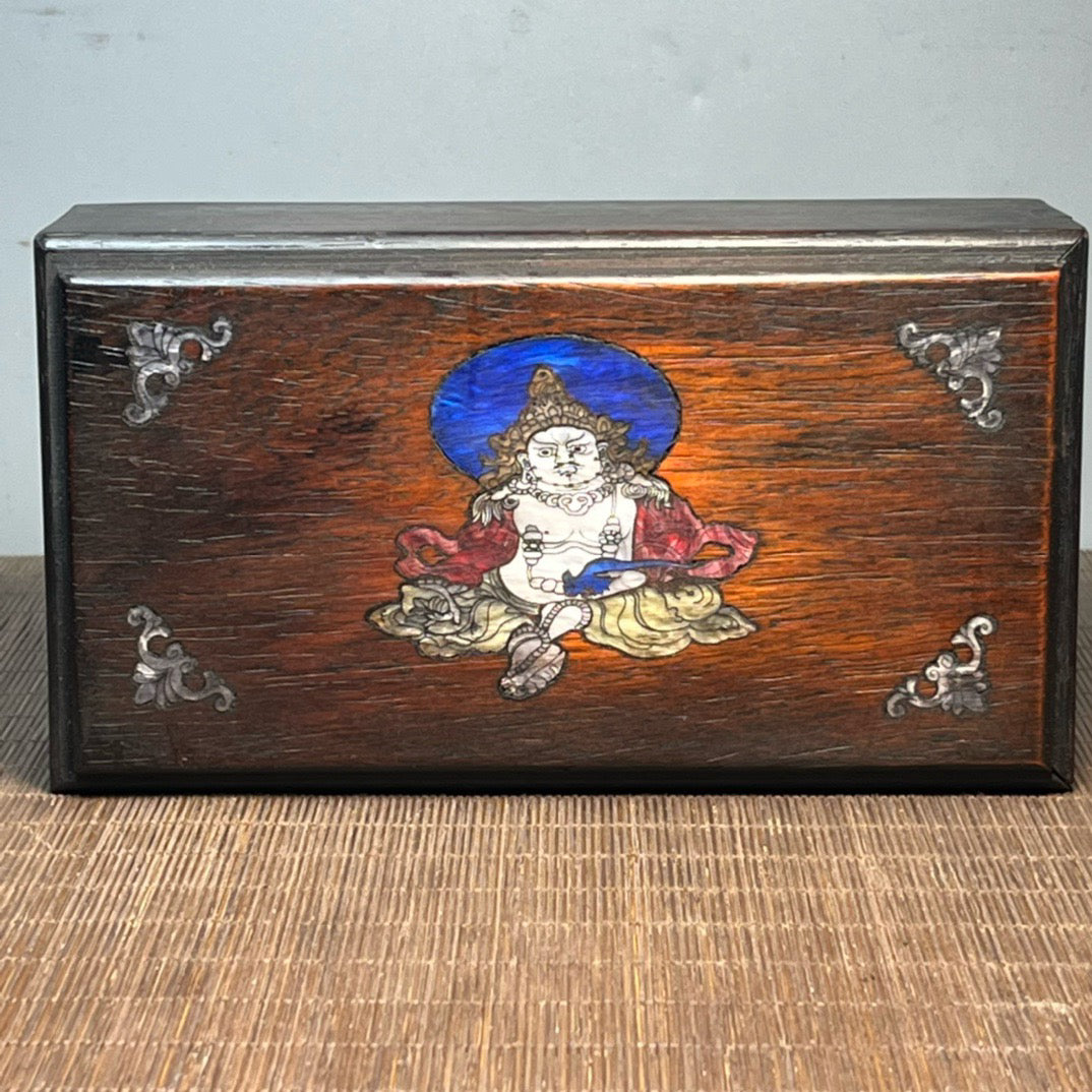 Chinese antique blood sandalwood inlaid with shell carved Buddha statue mechanism box