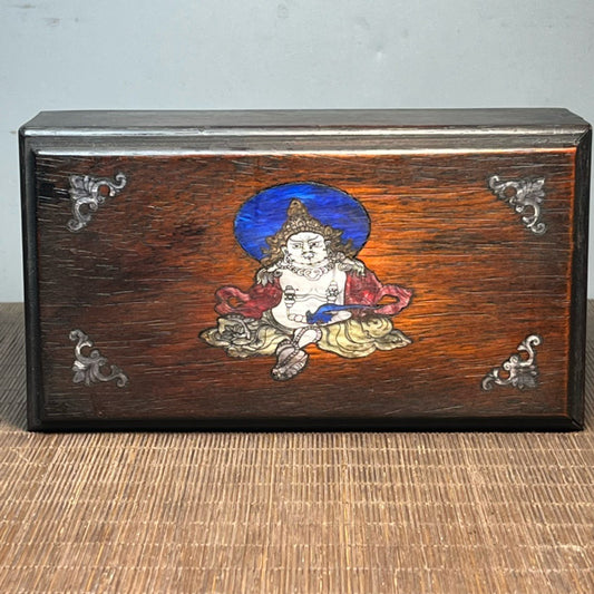Chinese antique blood sandalwood inlaid with shell carved Buddha statue mechanism box