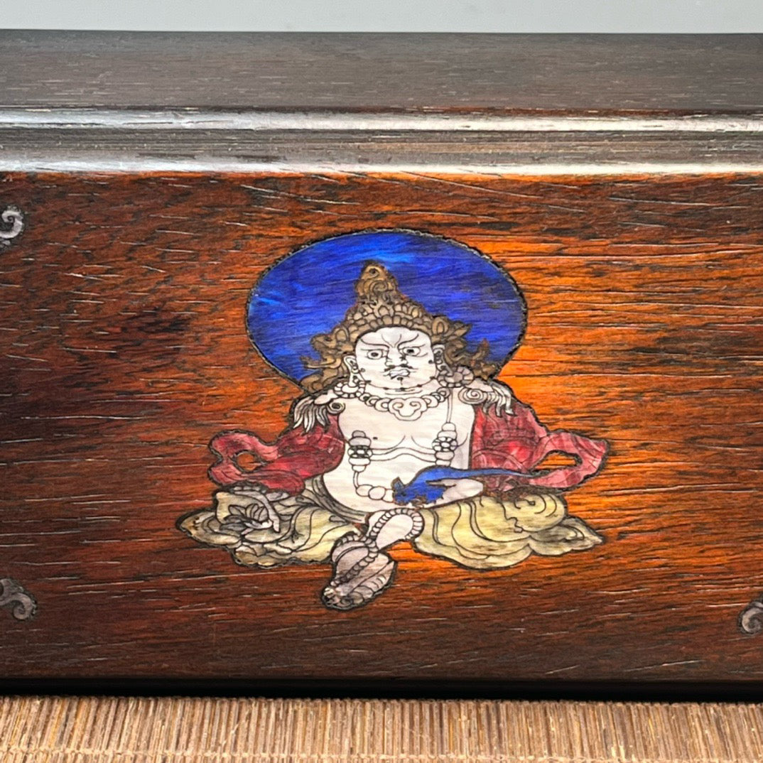 Chinese antique blood sandalwood inlaid with shell carved Buddha statue mechanism box