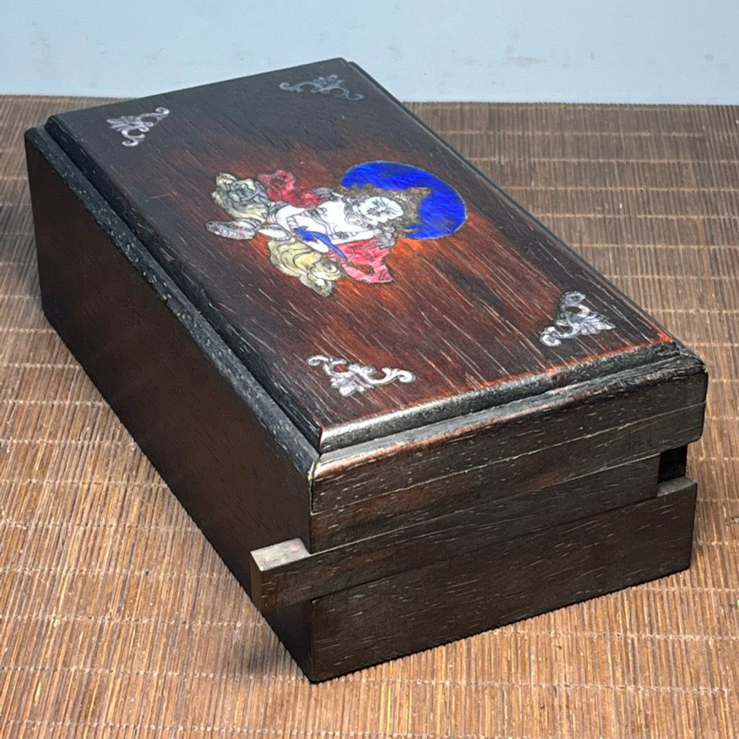 Chinese antique blood sandalwood inlaid with shell carved Buddha statue mechanism box