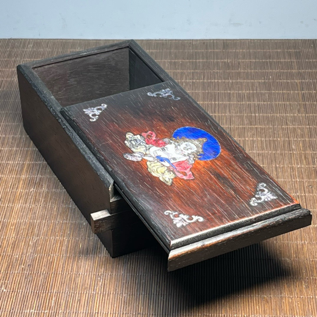 Chinese antique blood sandalwood inlaid with shell carved Buddha statue mechanism box